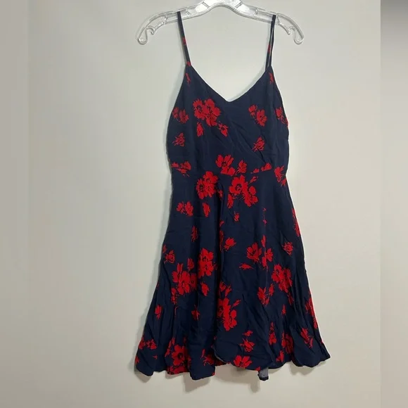 Dresses | Flowy Kneelength Dress Navy Blue With Red Flower Pattern |  Poshmark